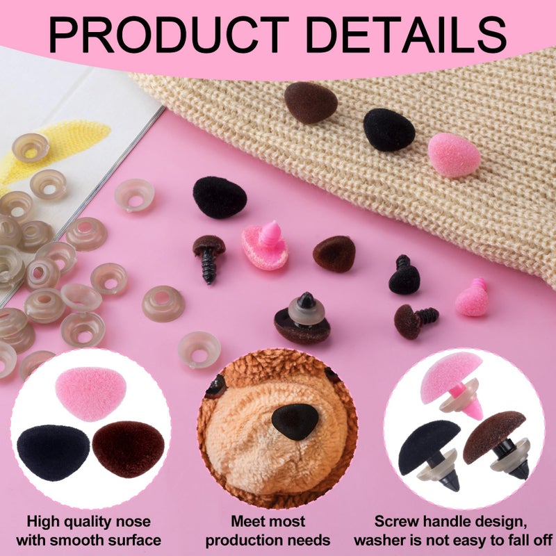 CustomyLife 36pcs Safety Noses for Amigurumi, 3 Sizes Plastic Craft Doll Noses with Washers, Flocking Stuffed Noses for Crochet Puppet Plush Toy Accessories- Black & Pink & Brown - Image 3